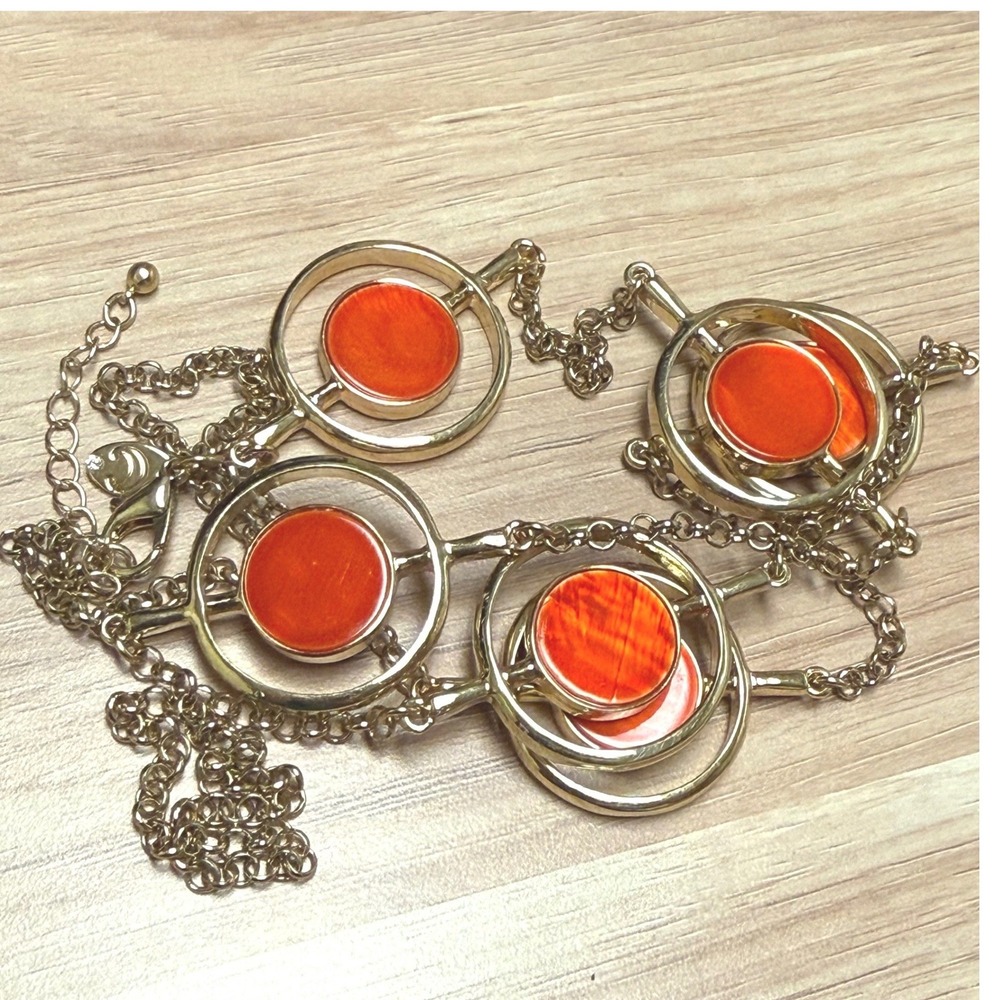 Gold Tone Orange Station Long Necklace Circular Mod Statement Jewelry